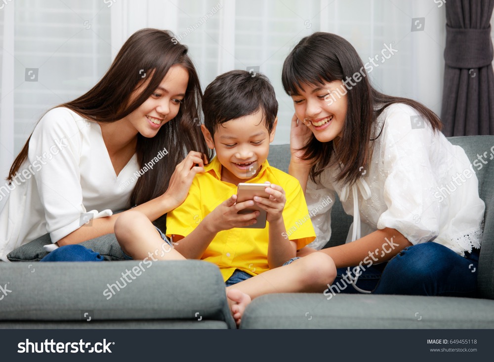 stock photo three kids asian family one boy and two girls are playing together with happiness in home using 649455118