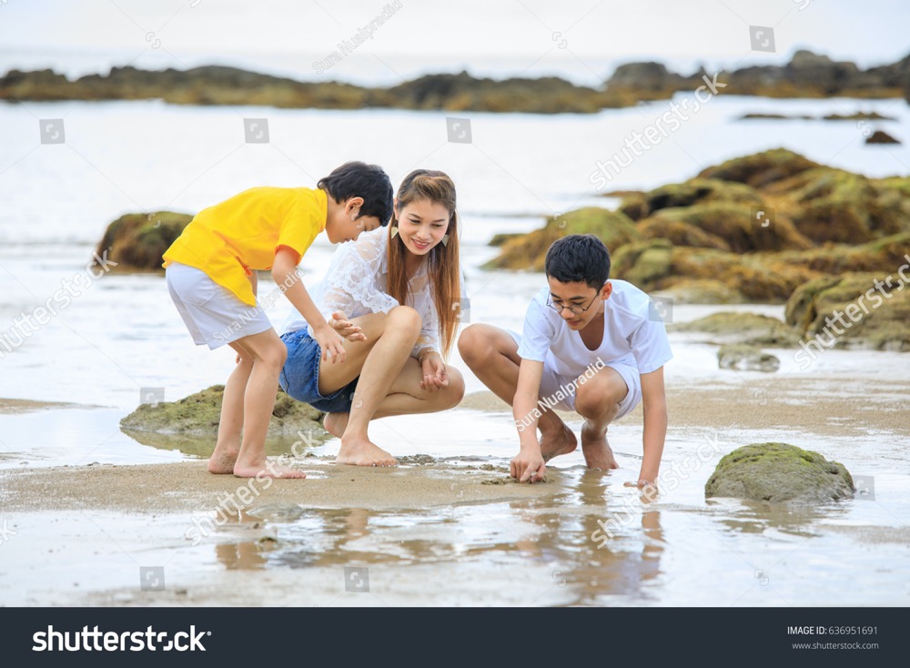 stock photo three people asian family on vacation mother and sons playing on tropical beach with funny and 636951691